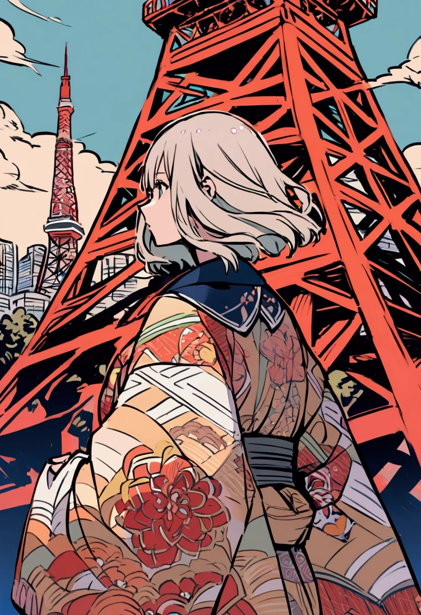 Standing with Tokyo Tower in the background　A girl wearing a beautifully patterned kimono　Anime Style