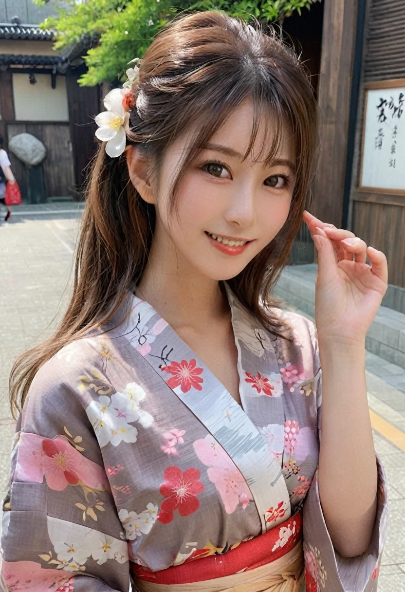 ((top-quality、8k、tmasterpiece:1.3))、self-shot、A Beautiful Woman with Perfect Figure:1.4、(Brown long hair、Normal breasts:1.3)、(Japanese floral yukata)、Highly detailed facial and skin texture、A detailed eye、double eyelid、A smile:1.5、full body Esbian、sacrifice to、In the street、natta