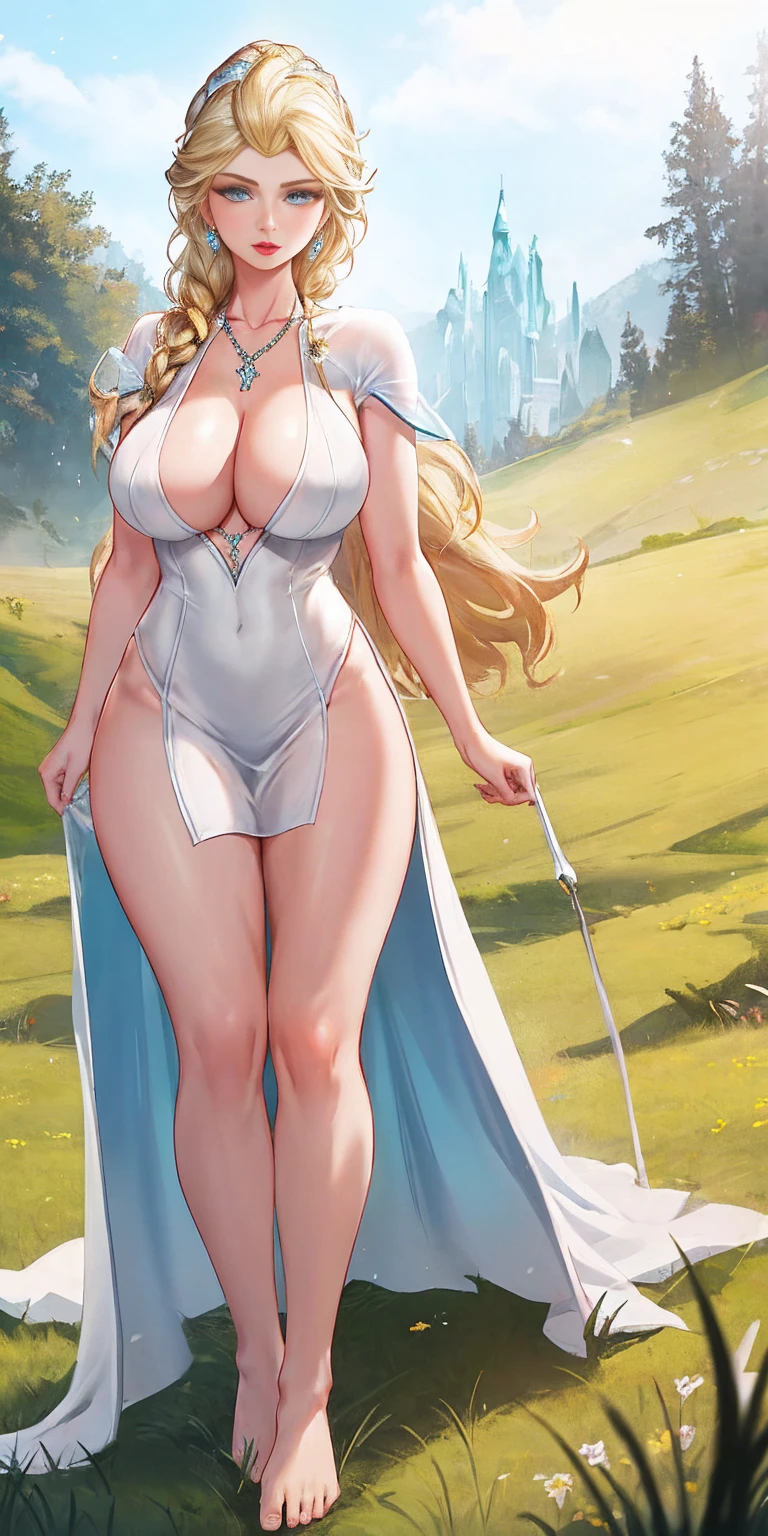 Full body blonde Scandinavian goddess muscle tension full body, Elsa Hosk (elsa hosk) s face, Huge breasts, Deep V-neck white silk dress, barefoot, amber necklaces, Light blue eyes, Blonde wavy hair, Red lips, The gaze, Volumetric Lighting, Practical, Grassland background, Thick thighs, Muscular body, Jewelry, Practical, Raw, simulation, Miss, photoPractical, simulation, realism