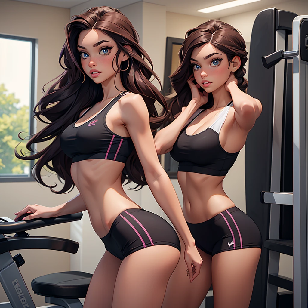 Masterpiece, raw, beautiful art, professional artist, 8k, very detailed face, very detailed hair, 1girl, Vanessa Doofenshmirtz, wearing tight yoga shorts and sports bra, in the gym, looking at herself in the mirror, showing off her sexy ass, biting her lip, perfectly drawn body, beautiful face, long hair, very detailed eyes, rosey cheeks, intricate details in eyes, perfect lips