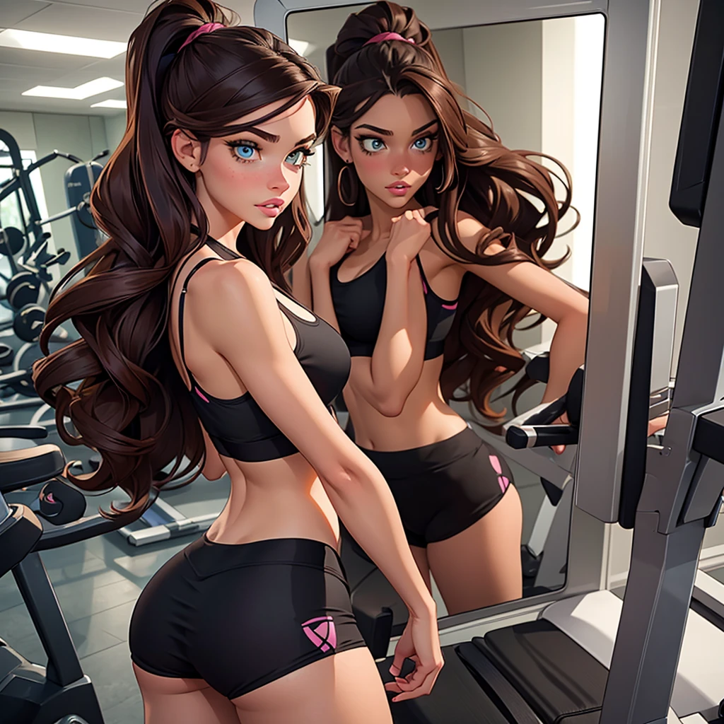 Masterpiece, raw, beautiful art, professional artist, 8k, very detailed face, very detailed hair, 1girl, Vanessa Doofenshmirtz, wearing tight yoga shorts and sports bra, in the gym, looking at herself in the mirror, showing off her sexy ass, biting her lip, perfectly drawn body, beautiful face, long hair, very detailed eyes, rosey cheeks, intricate details in eyes, perfect lips