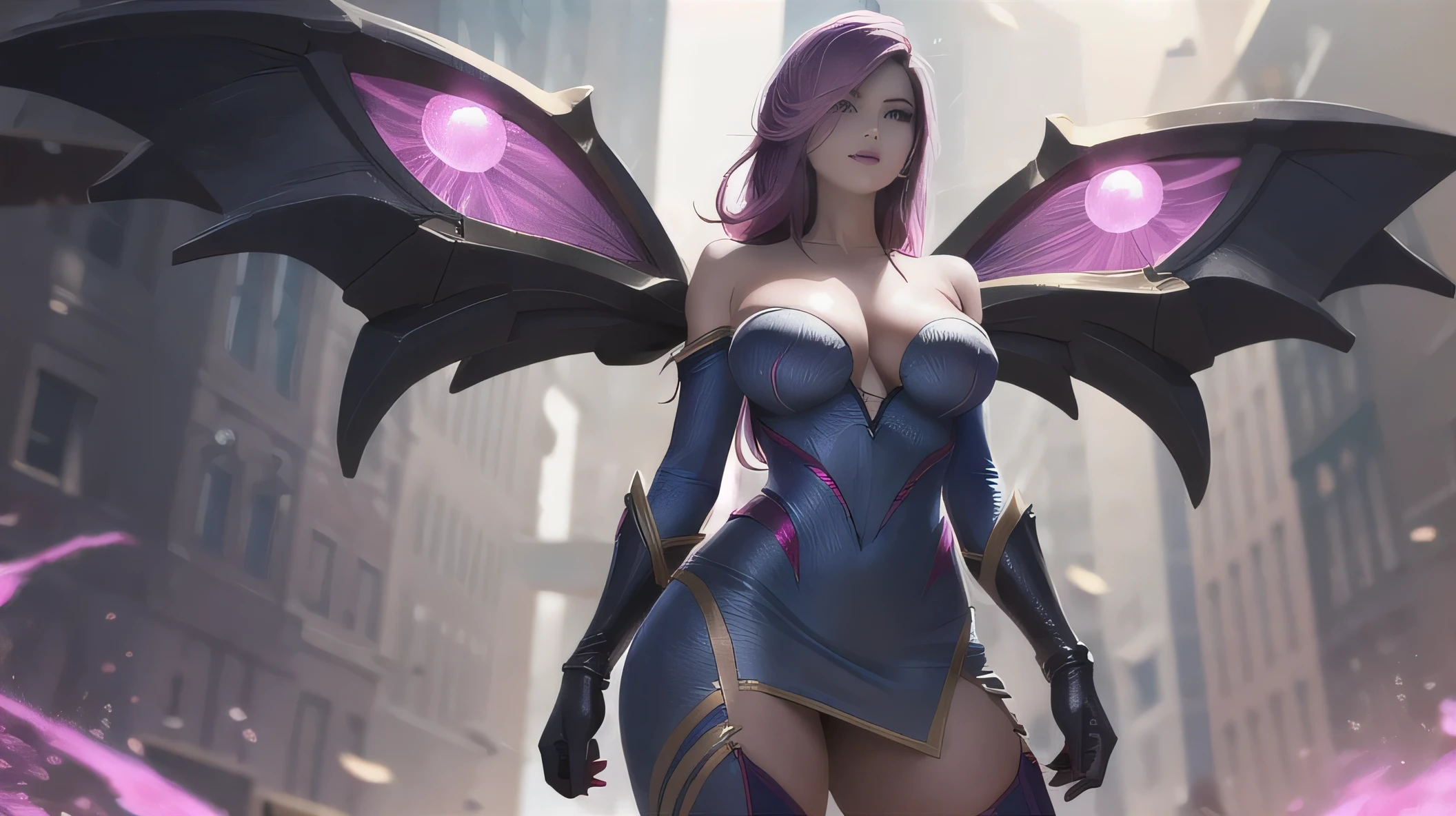 ((best qualityer)), ((work of art)), (detailded), ombro to ombro sweater, photo realist, high resolution, 1 women, mature woman, standing alone, hips up, purples eyes, cuddly, ahri (League of Legends), pink hair, mitts, long hair, thicc thighs, overskirt, elbow mitts, hand on hip, bared shoulders, standing alone, wings, White mitts, breastsout, pink eyes, bangss, magic, ornament hair, posse sexy, sexyposture, very sensual