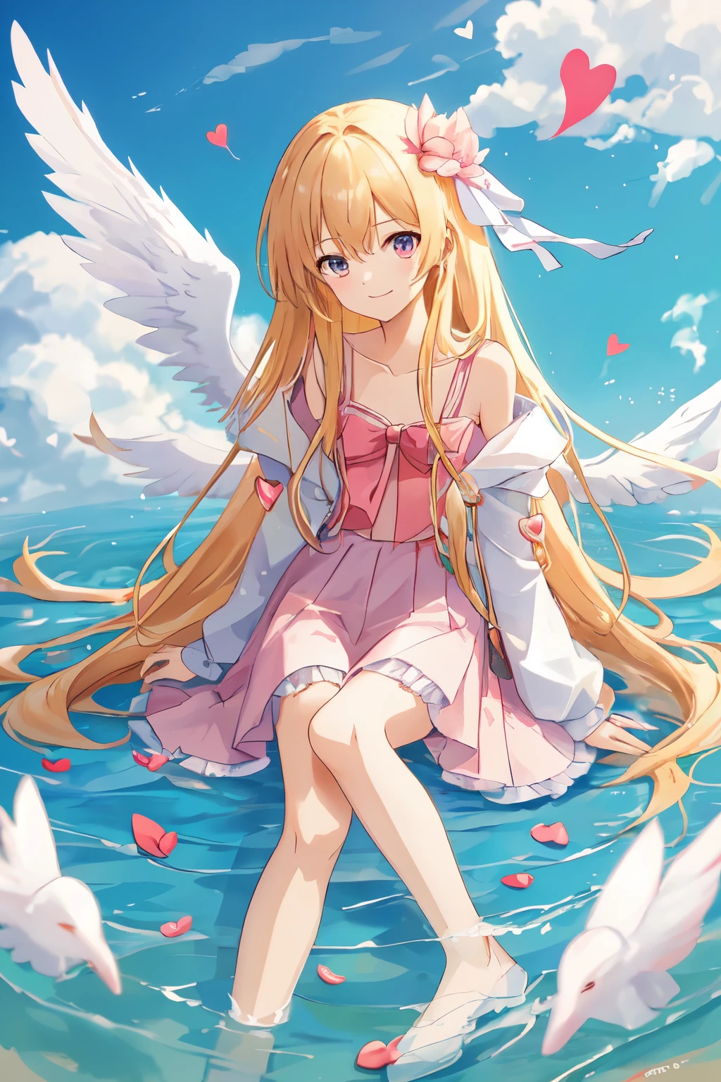 1_girl, (anime, kawai:2), (masterpeice, best_quality, clean:1.5), (sky_background:1.2), (cute, cute_smile, wholesome, young:1.8), (delicate, extremely_delicate, beautiful, thin:1.5), (girlfriend, angel:1.8), (green_eyes, simple_eyes:1.8) (long_hair, blond_hair, wearing_pink_dress, pink_angel_wings:1.5), (combat:1.2), extremely_delicate, (love_magic:1.5), (age_size_fits_body), (small_thighs:1.3), (breasts), (eye_level:1.3), (heart_magic, love:1.5), (folded_legs:1.5)