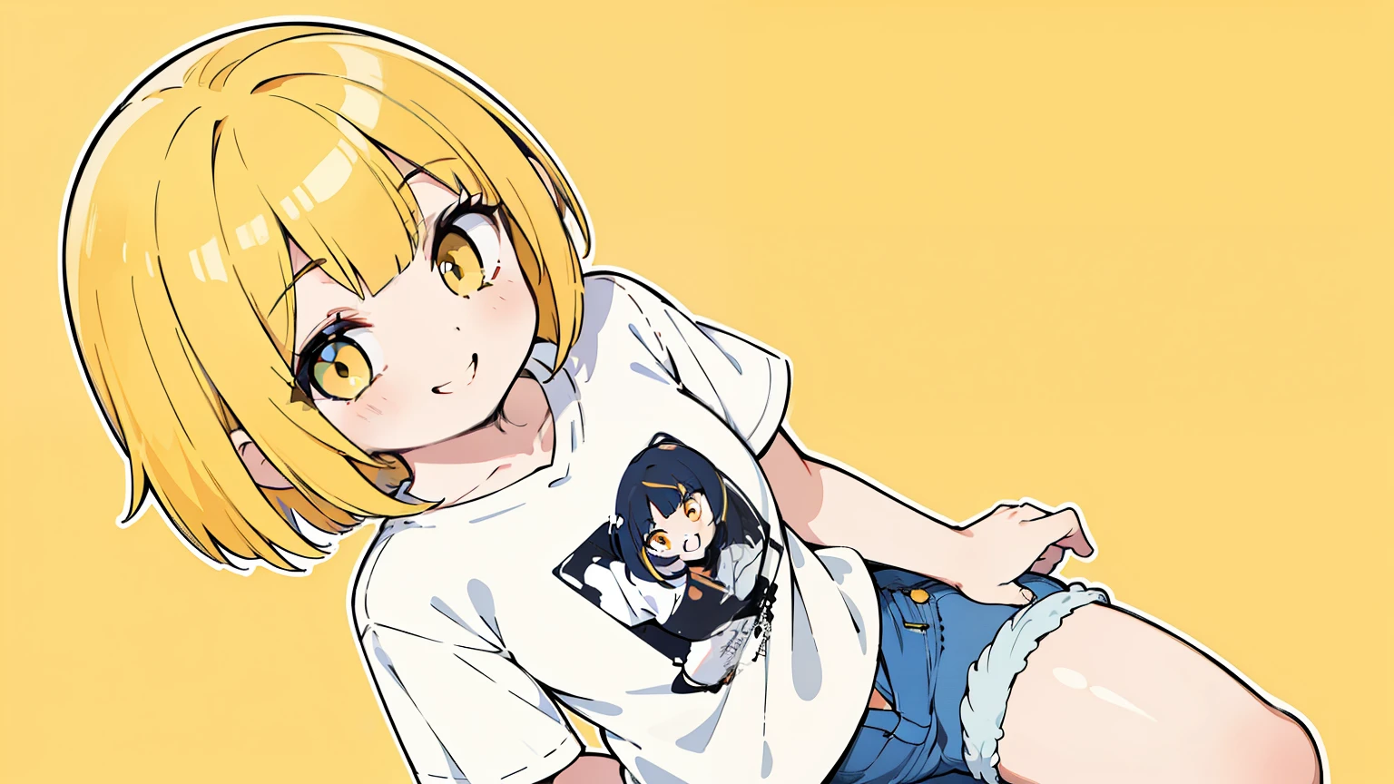 masterpiece, beautiful detailed, 1girl, (oversized t-shirt and short denim pants: 1.3), yellow Eyes, yellow hair, bob cut, hair ornament, hair intakes, ((big smile)), ((from above)), pastel color, (((bold outline))), limited palette