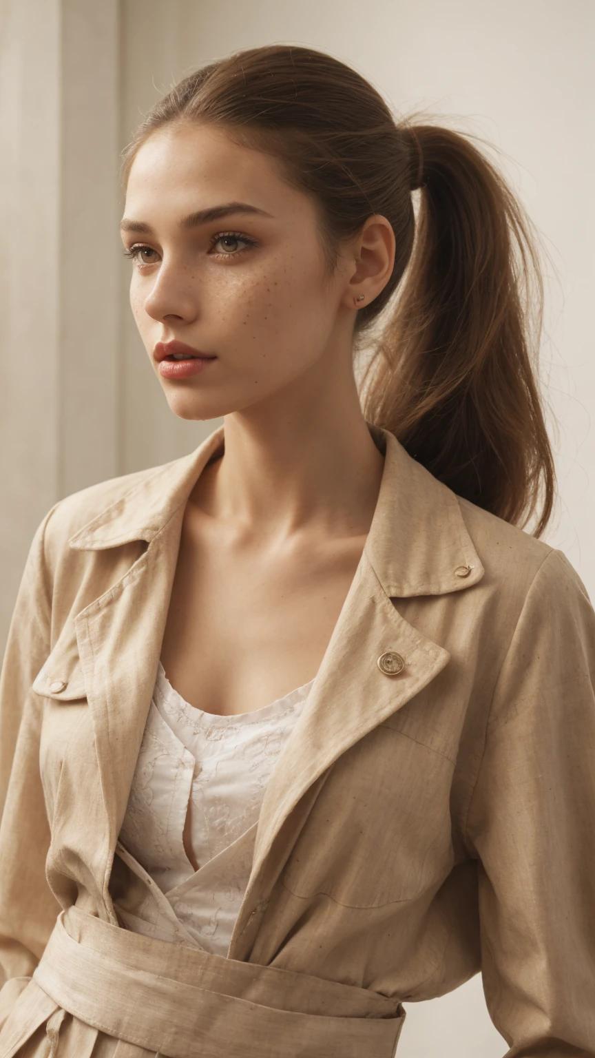Beautiful skinny girl, elongated face and thin chin, freckles, brown ponytail hair, brown eyes, red lipstick, beautiful makeup, white skin, with patterned top , shorts, a beautiful jean coat , sexy style