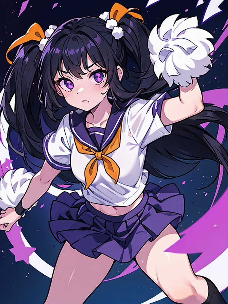 A 14 year old girl, Named: Robin, with long black hair, purple eyes, and white skin tone, has an normal personality, likes dark things and horror things, Wearing an orange cheer uniform, Standing on a school football field, With hair tied up, Wearing Auhaky Cheerleader pompoms on hands.