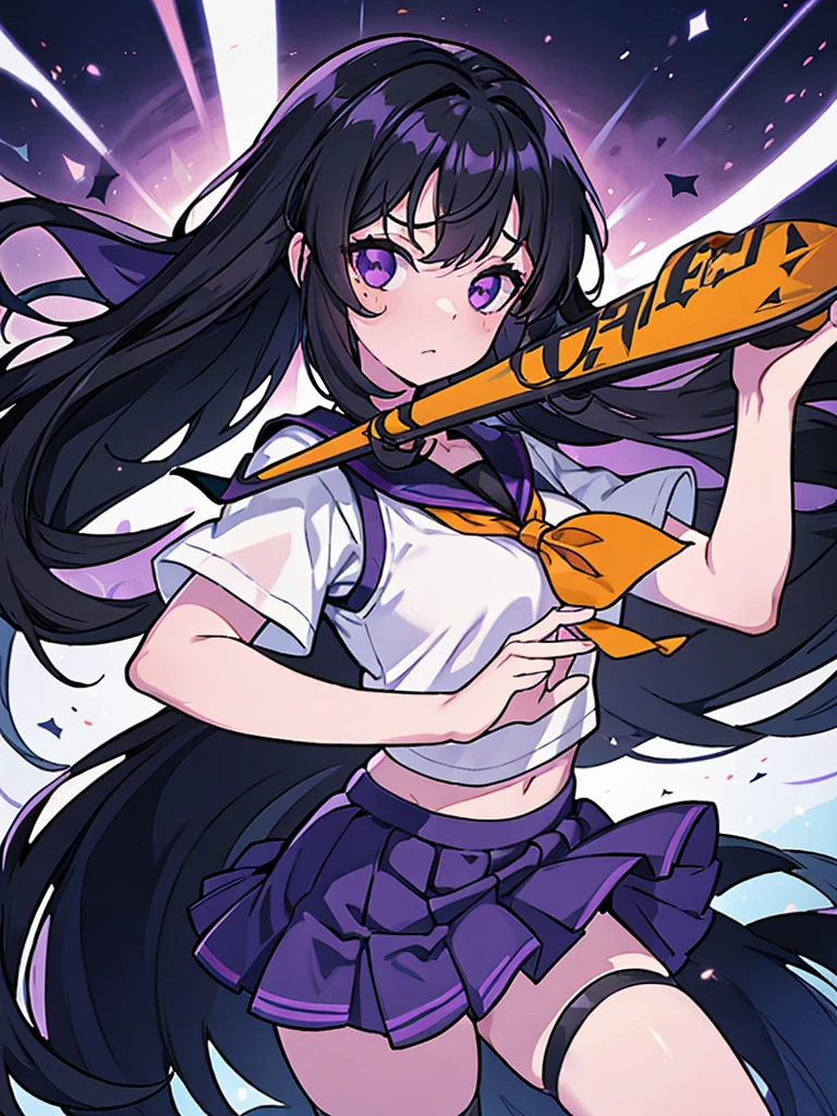 A 14 year old girl, Named: Robin, with long black hair, purple eyes, and white skin tone, has an normal personality, likes dark things and horror things, Wearing an orange cheer uniform, Standing on a school football field, With hair tied up, Wearing Auhaky Cheerleader pompoms on hands.