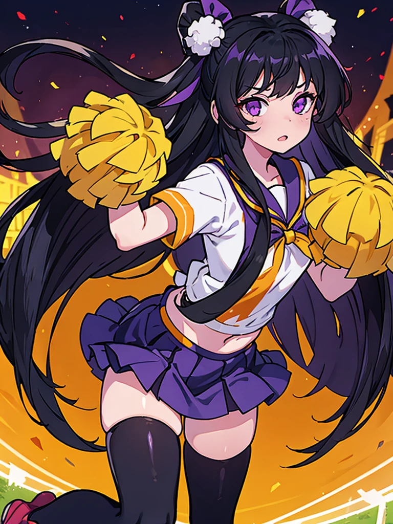 A 14 year old girl, Named: Robin, with long black hair, purple eyes, and white skin tone, has an normal personality, likes dark things and horror things, Wearing an orange cheer uniform, Standing on a school football field, With hair tied up, Wearing Auhaky Cheerleader pompoms on hands.