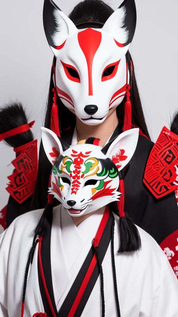 Create an image of a traditional Japanese Kitsune mask, featuring a white base with red and black accents. The mask should have sharp eyes with yellow and green detailing, and purple straps on the sides. The overall style should be detailed and vibrant, capturing the essence of traditional Japanese culture.