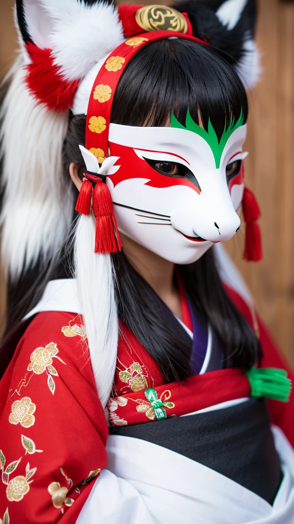 Create an image of a traditional Japanese Kitsune mask, featuring a white base with red and black accents. The mask should have sharp eyes with yellow and green detailing, and purple straps on the sides. The overall style should be detailed and vibrant, capturing the essence of traditional Japanese culture.
