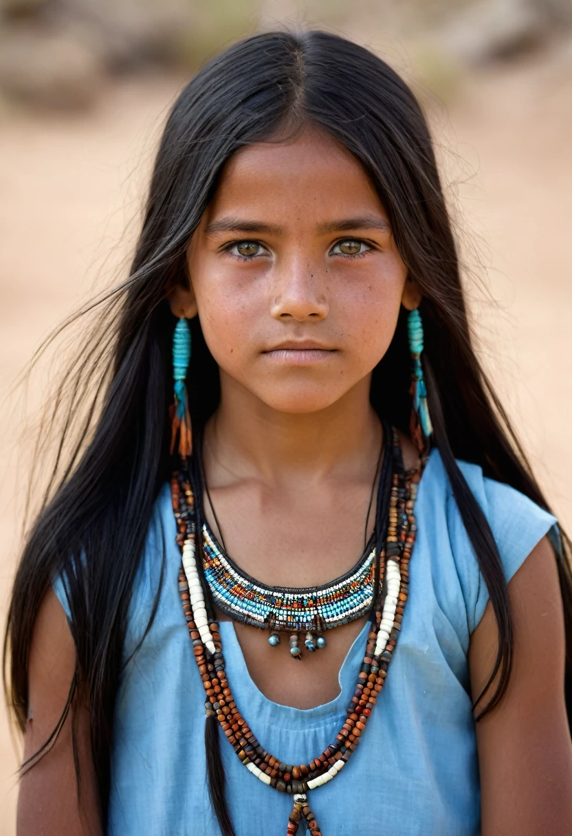 I want you to create a character. She is a 10-year-old girl with characteristics typical of the Apache people. Her long, straight black hair frames a face with the tanned skin common among her people. Her light blue eyes contrast with her skin color, creating a piercing and expressive look. She wears traditional clothing from her tribe, made from animal skin, and her face is covered in dirt.