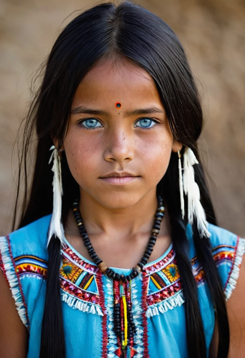 I want you to create a character. She is a 10-year-old girl with characteristics typical of the Apache people. Her long, straight black hair frames a face with the tanned skin common among her people. Her light blue eyes contrast with her skin color, creating a piercing and expressive look. She wears traditional clothing from her tribe, made from animal skin, and her face is covered in dirt.