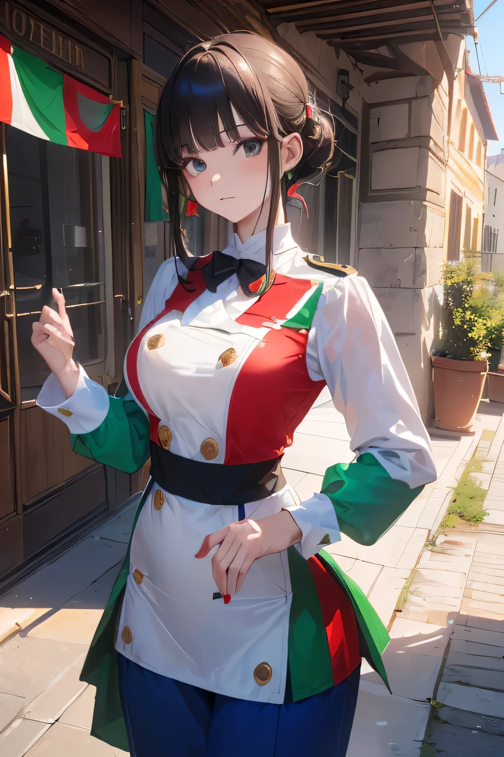 (((Costume inspired by the Italian flag:1.3))),(((Woman in men's clothing:1.3))),(Italian tricolour),(masterpiece,Highest quality,Ultra-high resolution output images,Write boundary depth,Intricate details,Adding dimension to your subject with the contrast of light and shadow,Anatomically correct facial structure),(Picture Mode Ultra HD,)