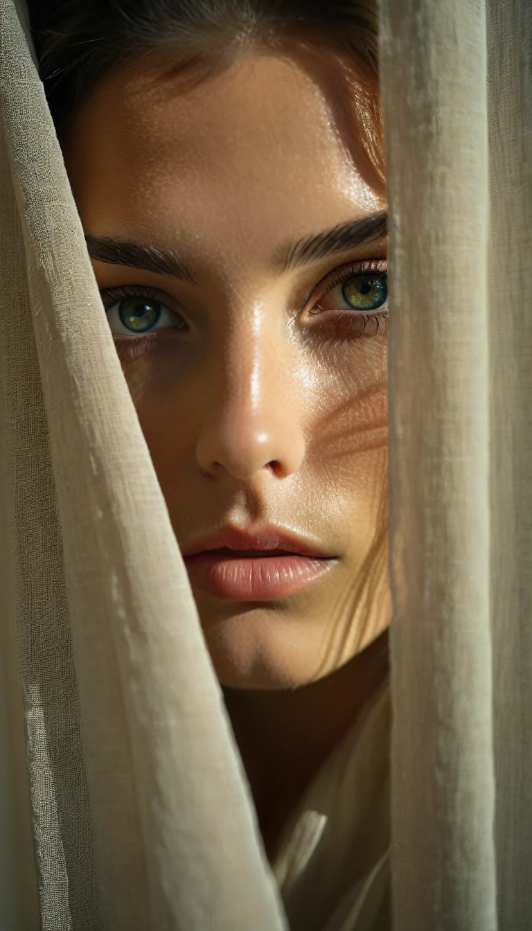 RAW photo, beautiful eyes, macro shot, masterpiece, peeking from behind curtains, colorful details, award winning, high detailed, 8k, natural lighting, analog film, detailed skin, amazing composition, intricate details, subsurface scattering, velus hairs, amazing textures, filmic, chiaroscuro, soft light