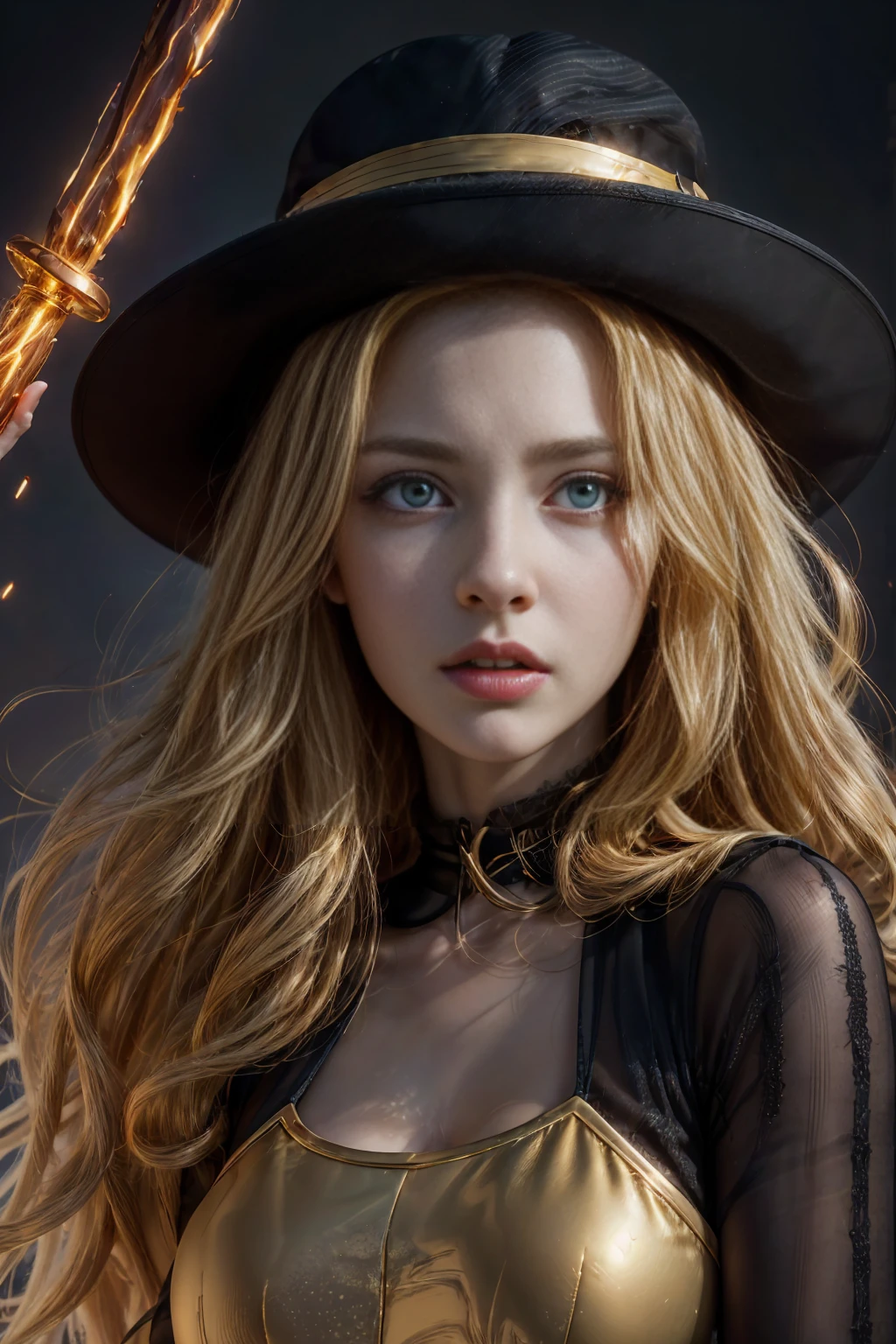 (8k,Realistic　Raw photo　Highest quality;1.4) 　(One girl)　Super Beauty　(Realistic Face)　Feminine body 　(Long curly blonde hair)　Holding a black and red magic wand　Battle Scenes　Black and gold outer magic hat　Beautiful expression　Glare　(Real looking skin)　(Giles&#39; Dark Wizard)　Seductive　Ultra-high resolution　Surrealist　High Detail　Full body photo　Remaining
