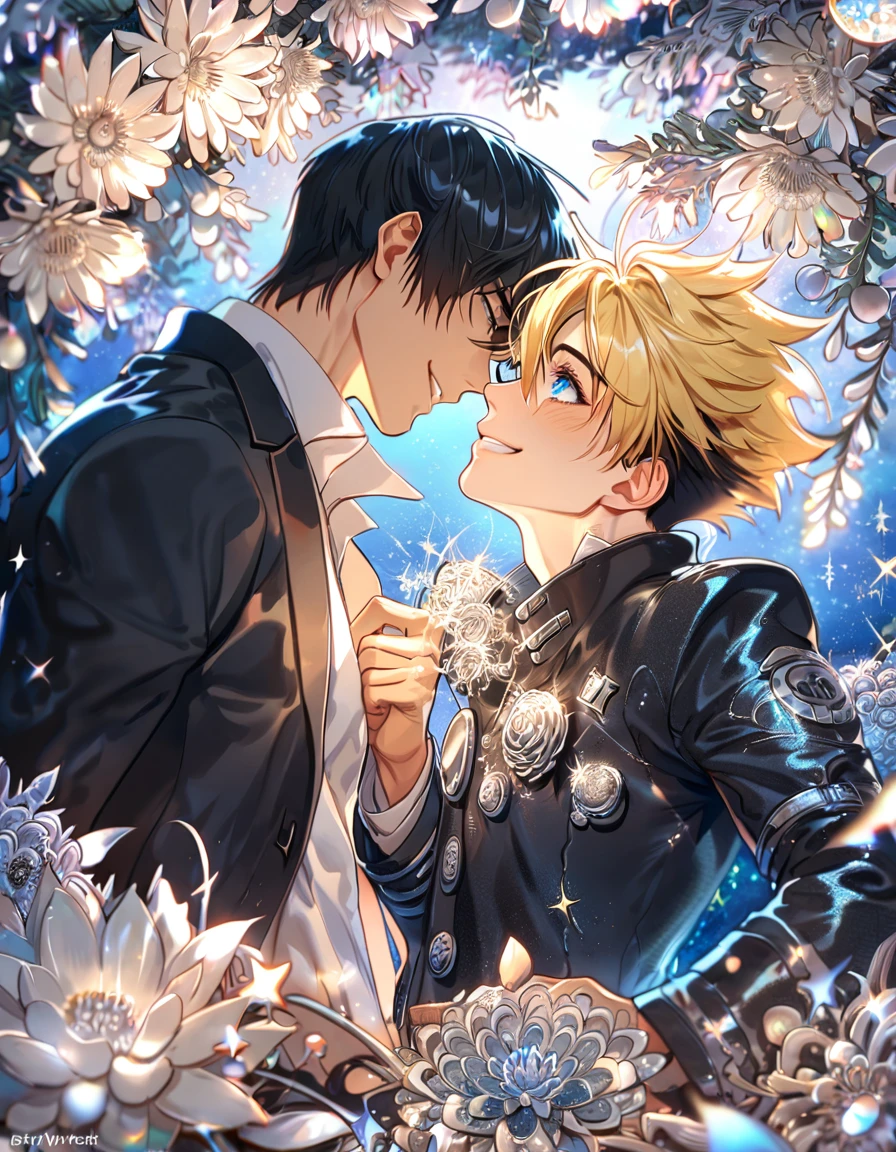absurdres, highres, ultra detailed, HDR, master piece, best quality, extremely detailed, Nicholas D Wolfwood, black hair, expressive gray eyes, Trigun, Vash Stampede, blonde hair, expressive blue eyes, two sexy men together, yaoi, gay couple, handsome, smile, black jacket, black coat, fantasy, water, sparkling, silver glittering fireflies, silver moon, silver blossoms, silver chrysanthemums, silver sparkling lights, starry sky, magical