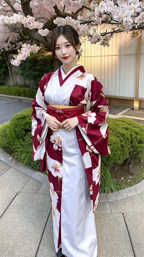 Beautiful Japanese woman, with a mature and alluring presence (1.7), stands confidently in the cherry blossoms garden (1.2). Her lustful expression (1.7) captivates the viewer, as she is a 21-year-old seductress (1.7). Her skinny body (1.1) contrasts with her round and jutting buttocks (1.7), making her tall stature (1.5) even more captivating. Dressed in a traditional kimono, this slim waistline (1.0) accentuates her covetable large breasts (1.7). The attractive young woman radiates desire in her eyes