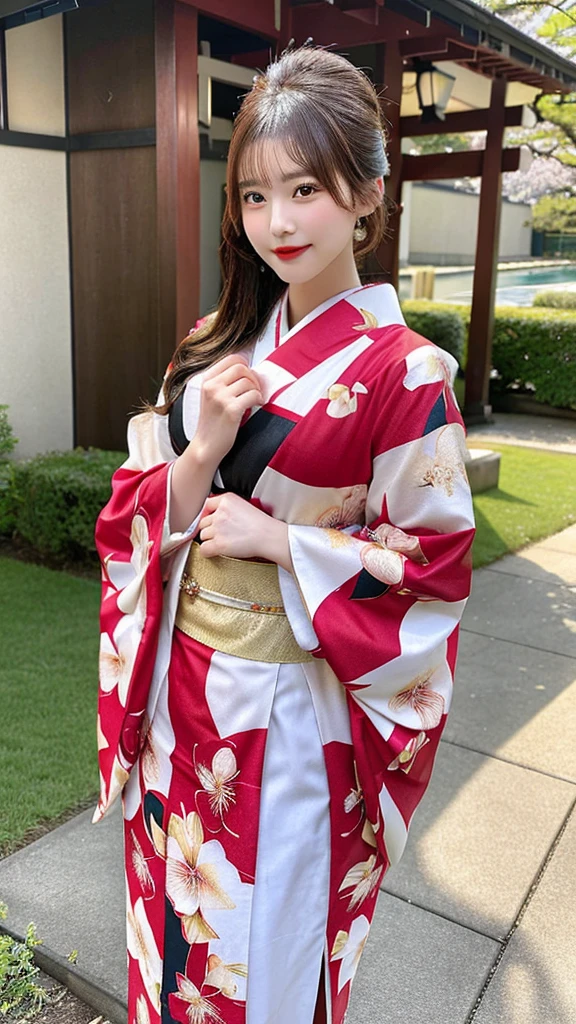 Beautiful Japanese woman, with a mature and alluring presence (1.7), stands confidently in the cherry blossoms garden (1.2). Her lustful expression (1.7) captivates the viewer, as she is a 21-year-old seductress (1.7). Her skinny body (1.1) contrasts with her round and jutting buttocks (1.7), making her tall stature (1.5) even more captivating. Dressed in a traditional kimono, this slim waistline (1.0) accentuates her covetable large breasts (1.7). The attractive young woman radiates desire in her eyes