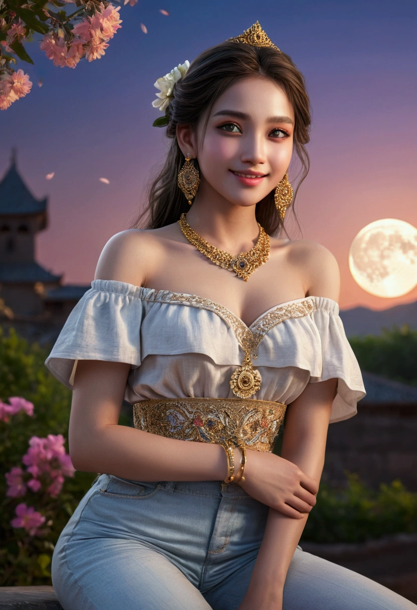 jasmine  1girl, solo, looking at viewer, smile, shirt, bare shoulders, jewelry, sitting, full body, flower, earrings, pants, off shoulder, crop top, makeup, bird, border, moon, full moon, off-shoulder shirt (realistic:1.2), (realism), (masterpiece:1.2), (best quality), (ultra detailed), (8k, 4k, intricate),(full-body-shot:1), (85mm),light particles, lighting, (highly detailed:1.2),(detailed face:1.2), (gradients), sfw, colorful,(detailed eyes:1.2)(detailed background),detailed landscape, (dynamic angle:1.2), (dynamic pose:1.2), (rule of third_composition:1.3), (Line of action:1.2)