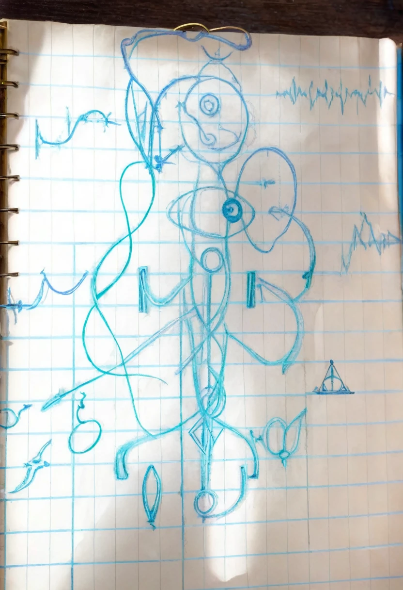 a closeup of a drawing of a person on a sheet of paper, found Outline in a notebook, medical drawing, medical drawing with annotations, Alchemical diagram, drawn on white parchment paper, medical diagram, Rosicrucian symbols illegible, On a notepad page, dissection sketch, Outline in a notebook, occult diagram