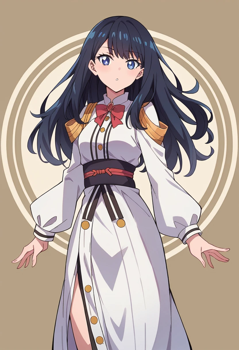 1 gilr, rikka takarada,dynamic pose,standing takarada rikka, blue eyes, black hair, long hair, bangs,(extremely detailed CG unity 8k wallpaper),(masterpiece),(best quality),(ultra-detailed),(best illustration),(best shadow),(absurdres),cowboy shot
