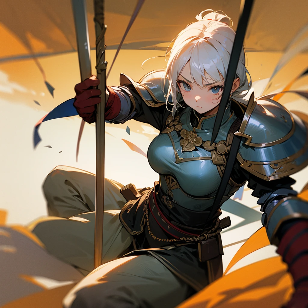high resolution、女Warrior、Warrior、Holding a spear、Wearing armor、Fight bravely。青いWarrior