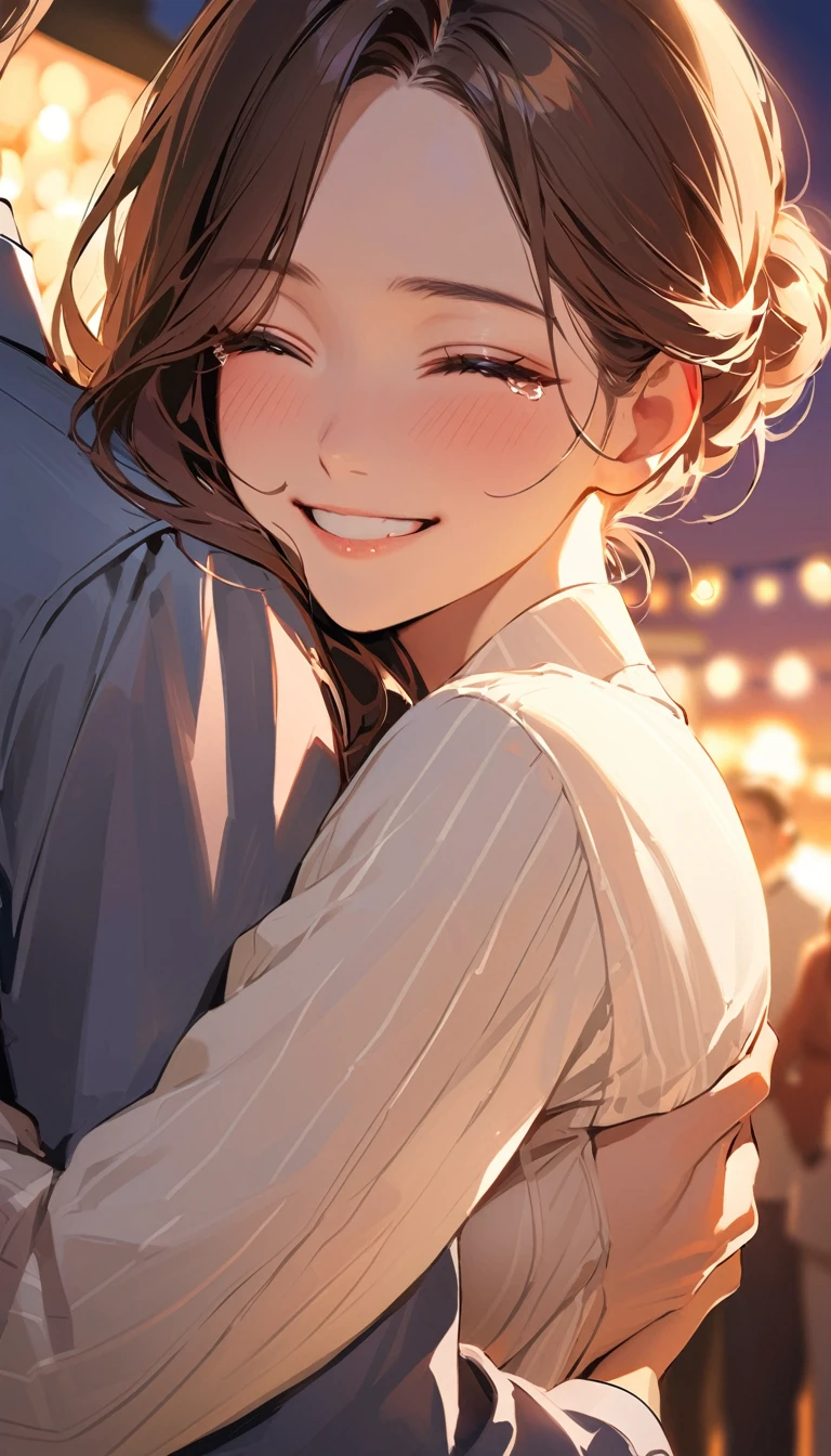 masterpiece, detail, best quality, a woman , Hugging a man, Brown Hair, semi-long, Stylish clothing, smile, tears of gratitude, Happy atmosphere, evening