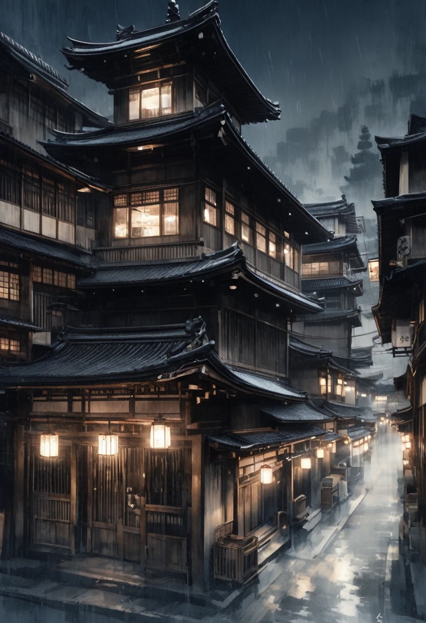 Ink painting,Black and white painting,Oiran,５A big hairpin made of books,Oiran衣装,Lanterns lined up in Kyoto at night,