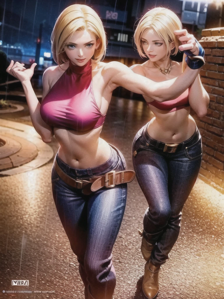 (at night), in a video game scene, a background of a beautiful city at night raining, standing at attention, red top, blue joggers, blue fingerless gloves, large brown belt hanging from her waist ((blonde hair )), 1 girl, alone, 20 years old, young woman, perfect hands, beautiful fingers, beautiful long legs, beautiful body, beautiful nose, beautiful character design, perfect face, looking at the viewer with serious gesture (focusing on her face) , closed mouth, Light_Smile, official art, extremely detailed CG unity 8k wallpaper, perfect lighting, bright and colorful front lighting, glowing skin (masterpiece: 1.0), (best_quality: 1.0), ultra high resolution, 4K, ultra photography detailed, 8K, HDR, high resolution, absurd:1.2, Kodak portra 400, film grain, blurred background, bokeh:1.2, lens flare, (vibrant_color:1.2), professional photography, (Beautiful, breasts: 1.4), ( beautiful_face: 1.5), (narrow waist),
