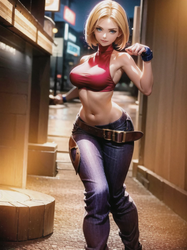 (at night), in a video game scene, a background of a beautiful city at night raining, standing at attention, red top, blue joggers, blue fingerless gloves, large brown belt hanging from her waist ((blonde hair )), 1 girl, alone, 20 years old, young woman, perfect hands, beautiful fingers, beautiful long legs, beautiful body, beautiful nose, beautiful character design, perfect face, looking at the viewer with serious gesture (focusing on her face) , closed mouth, Light_Smile, official art, extremely detailed CG unity 8k wallpaper, perfect lighting, bright and colorful front lighting, glowing skin (masterpiece: 1.0), (best_quality: 1.0), ultra high resolution, 4K, ultra photography detailed, 8K, HDR, high resolution, absurd:1.2, Kodak portra 400, film grain, blurred background, bokeh:1.2, lens flare, (vibrant_color:1.2), professional photography, (Beautiful, breasts: 1.4), ( beautiful_face: 1.5), (narrow waist),