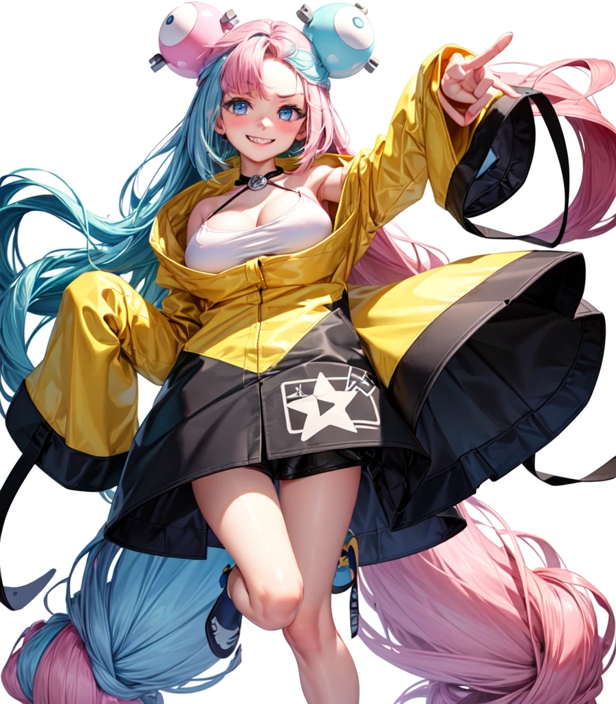 (Highest quality, masterpiece, Very detailedな, Very detailed, Exquisite, 16K,Full HD),(White Background:1.5),、Big Breasts,Pink hair and blue eyes、Yellow Jacket、Please raise your right hand、Lower your left hand、Stand only on your right foot、Raise your left leg。smile、Nanjamo,No text