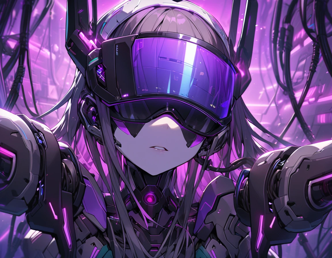 android girl(metallic skin, blindfolded with a purple light visor, cyber joint, estrus), blacker purple light, many cables, cable insert in ears hole,