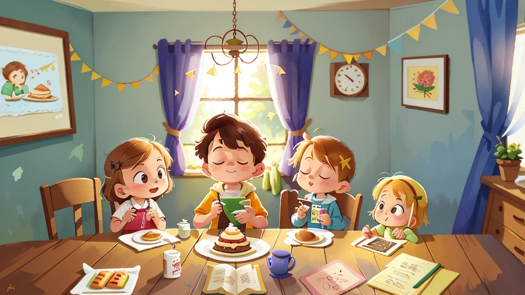 inside a cozy house，Four children，eat cake，Sandwich on a plate，cross，Joyful atmosphere （amanda clarke (Amanda Clark) and a. Jay. Watercolor illustration by Carson），Minimalism