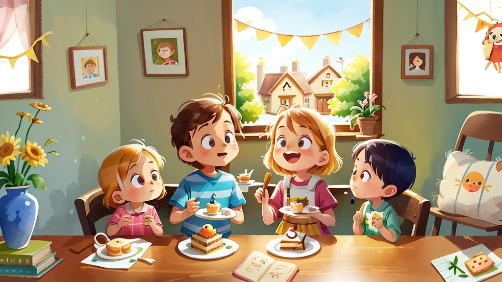 inside a cozy house,Four children,eat cake,Sandwich on a plate,cross,Joyful atmosphere (amanda clarke (Amanda Clark) and a. Jay. Watercolor illustration by Carson),Minimalism