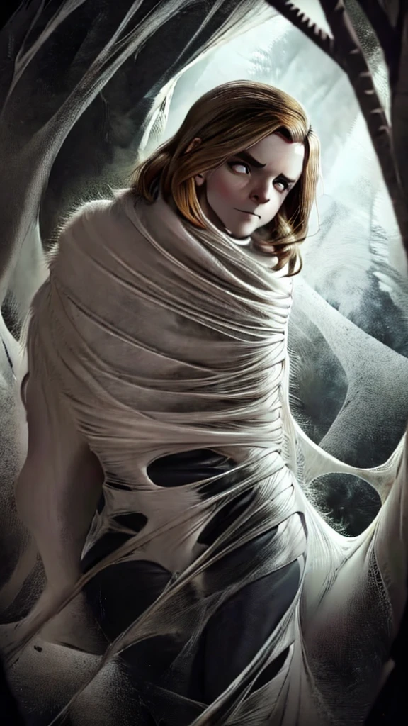 best quality, highres, ultra-detailed, realistic:1.37, (Emma Watson) dark, eerie, horror, trapped, struggling, helpless, tangled, creepy lighting, dramatic shadows, spider, intricate web, silk threads, delicate, transparent cocoon, fear, desperation, suspense, claustrophobic atmosphere, spooky ambiance, suspenseful, arachnid, tense, entangled, eerie silence, haunting, chilling, uncomfortable, disturbing, nightmarish, female, frightened expression, visible fear in her eyes, tangled hair, torn clothing, pale skin, desperate attempt to break free, struggling posture, eerie background, dimly lit environment, surreal, creepy crawlies, suspenseful narrative, mystery, a sense of impending danger, sinister, daunting, hauntingly beautiful.