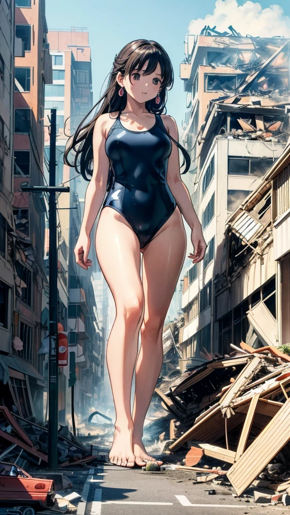 Analog illustration style お尻を見せる (((Girl in a swimsuit on the street in a city destroyed by an earthquake))) ((Destroyed city engulfed in flames)) ((Fire)) ((Destroyed building)) ((Destroyed building)) Destroyed car)) ((Pile of rubble)) 90's Giant ((Cloudy sky)) Full body of a female giant girl Destroyed skyscrapers, destroyed cars, crowd Unreal Engine, cleavage, breasts cleavage, earrings, long hair, 1980s (style)