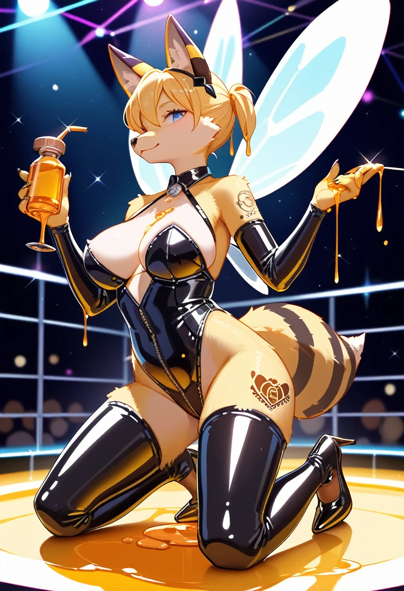Highest quality, Highest quality, High quality illustrations, masterpiece, Ultra-high resolution, Detailed Background, club, Disco, Absurd, Perfect Anatomy, performance, Good lighting, Shadows in the movies(kemono, Furry Personifi猫ion), fox, Rubber Suit, Honey Latex, Honey lotion, neon, neonカラー, cyber punk, Bee costume, Bee Cosplay, Rubber bee tail, Bee Wings, enamel, Honey Pool, Honey lotionを浴びている, Covered in honey slime, Kneeling, Tattoo, High heels, Dynamic Angle