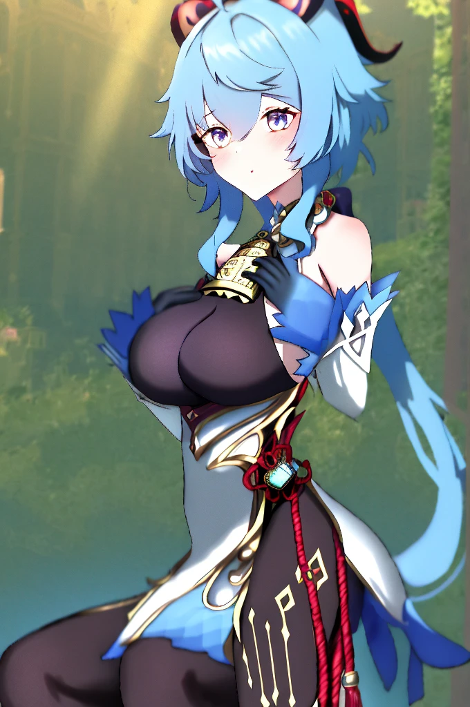 masterpiece, (Reality:1.5), best quality, Beautiful Lights, real life,
employment \(Genshin Impact\), 1 Girl, Ahog, architecture, Bangs, Bare shoulders, bell, black Gloves, black Pantyhose, (Blue Hair), blush, breast, Chinese knot, Separate sleeves, east asian architecture, Rosette, Gloves, trumpet, Long hair, Looking at the audience, medium breast, neck bell, night, outdoor, Pantyhose, Purple Eyes, Side lock, Solitary, tassel,  White sleeves, (ulzzang-6500:0.5)
, complex, High Detail, Clear focus, dramatic, beautiful girl , (RAW photos, 8K Ultra HD, Film Grain), Caustics, Subsurface scattering, Reflection