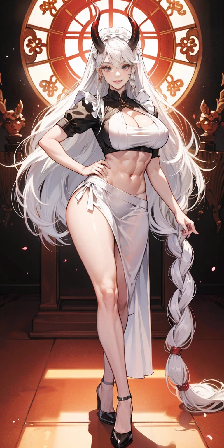 1 full length girl standing, good ass, maid of honor, Hairstyle with a white braid, white hair, blind, perfect lighting, muscular, thighs, mature woman, Mummy, belly button, ABS, look at the viewer (masterpiece, high quality: 1.1) smile, Extremely huge breasts, maternal, Porcelain skin, Extra long hair, shiny skin, good face, oni horns