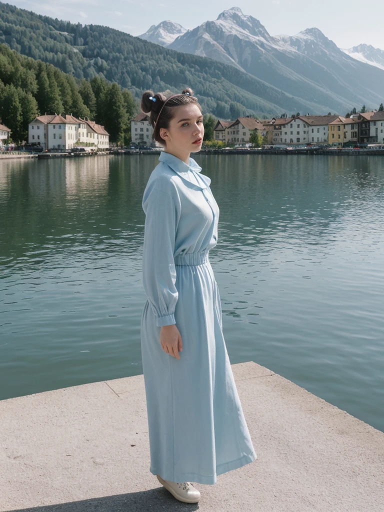 her name is Amelie, high quality, 1girl, ((25-year-old fit Caucasian woman)), ((25 years old)), ((BODY TYPE: HOURGLASS)), ((Space Buns HAIR)), pose: STANDING, wearing IN DEMAND FANCY Generation-Z modern wear VARIETY colored, BACKGROUND: "Strolling through the idyllic lakeside village with its picturesque alpine backdrop and charming historic houses."