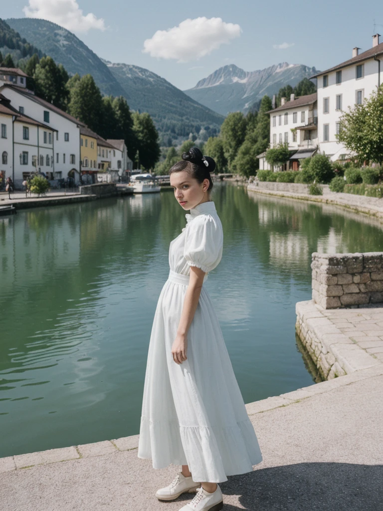 her name is Amelie, high quality, 1girl, ((25-year-old fit Caucasian woman)), ((25 years old)), ((BODY TYPE: HOURGLASS)), ((Space Buns HAIR)), pose: STANDING, wearing IN DEMAND FANCY Generation-Z modern wear VARIETY colored, BACKGROUND: "Strolling through the idyllic lakeside village with its picturesque alpine backdrop and charming historic houses."