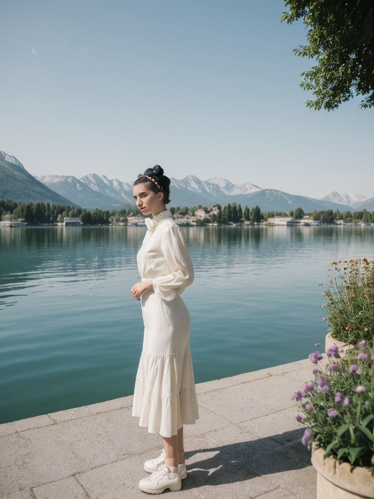 her name is Amelie, high quality, 1girl, ((25-year-old fit Caucasian woman)), ((25 years old)), ((BODY TYPE: HOURGLASS)), ((Space Buns HAIR)), pose: STANDING, wearing IN DEMAND FANCY Generation-Z modern wear VARIETY colored, BACKGROUND: "Strolling through the idyllic lakeside village with its picturesque alpine backdrop and charming historic houses."