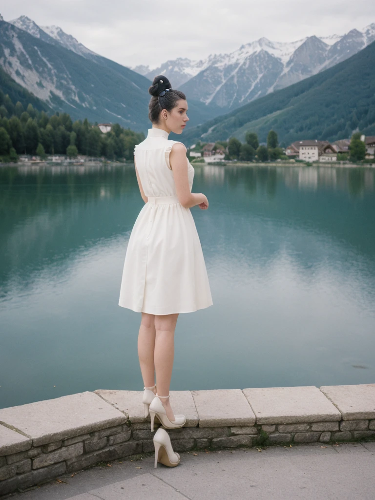 her name is Amelie, high quality, 1girl, ((25-year-old fit Caucasian woman)), ((25 years old)), ((BODY TYPE: HOURGLASS)), ((Space Buns HAIR)), pose: STANDING, wearing IN DEMAND FANCY Generation-Z modern wear VARIETY colored, BACKGROUND: "Strolling through the idyllic lakeside village with its picturesque alpine backdrop and charming historic houses."