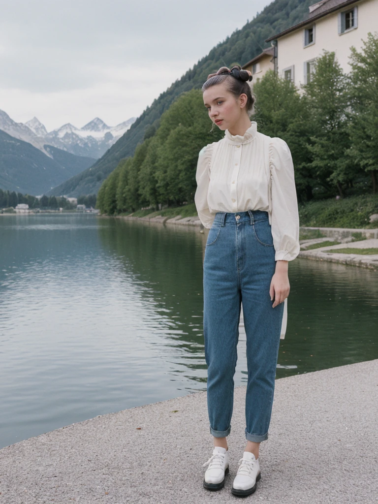 her name is Amelie, high quality, 1girl, ((25-year-old fit Caucasian woman)), ((25 years old)), ((BODY TYPE: HOURGLASS)), ((Space Buns HAIR)), pose: STANDING, wearing IN DEMAND FANCY Generation-Z modern wear VARIETY colored, BACKGROUND: "Strolling through the idyllic lakeside village with its picturesque alpine backdrop and charming historic houses."
