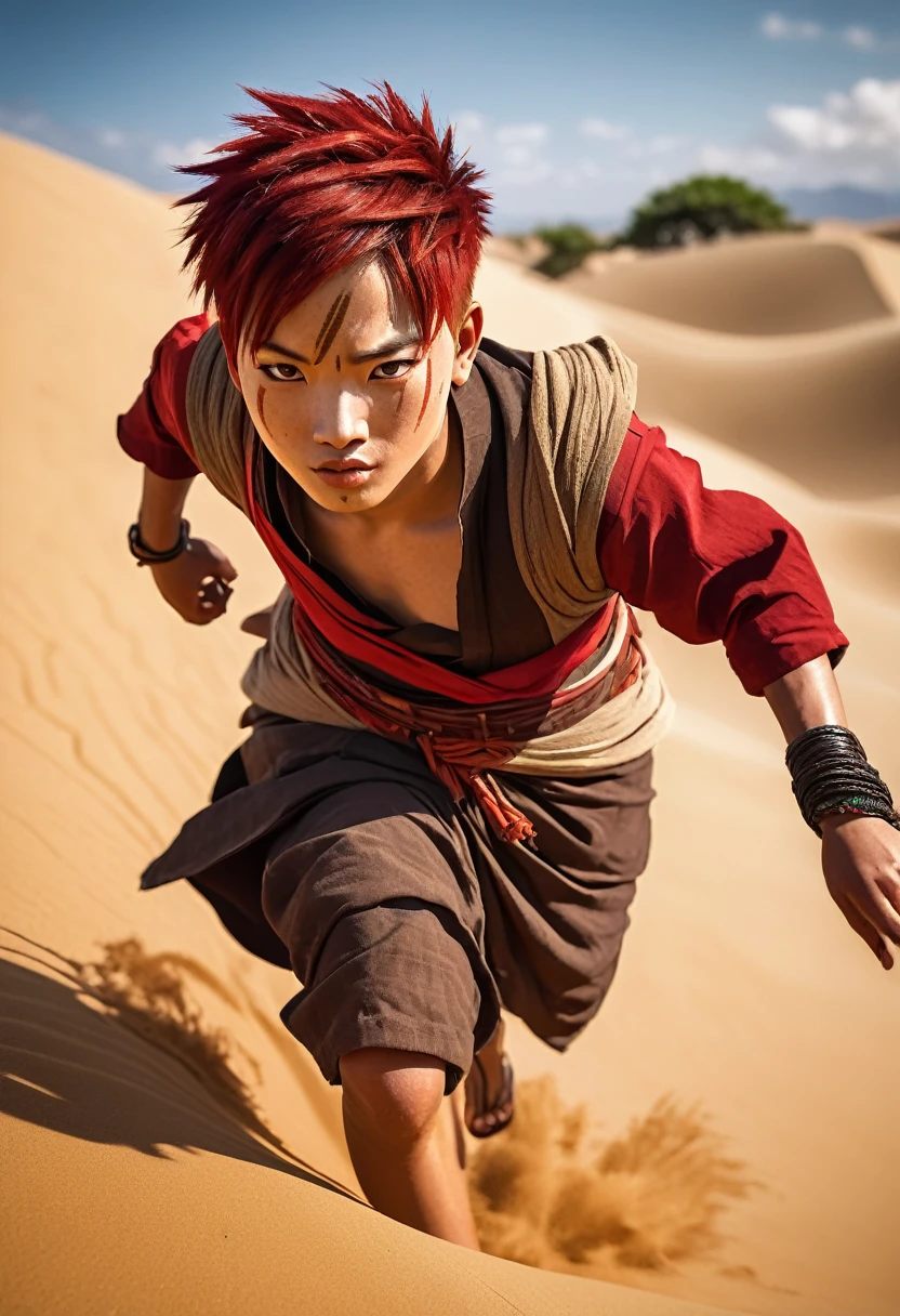 Gaara dressed in his signature outfit, detailed facial features, expressive eyes and lips, strong and confident expression, short red hair, wearing his traditional sand village attire, sand gourd on his back, sandals, sand village symbol, dynamic action pose, running in a desert, leaping across sand dunes, sand swirling around him, energetic atmosphere, comic book style, cell shading effect, vibrant colors, contrasting red and tan tones, dramatic lighting (best quality, highres), emphasis on shadows and highlights, crisp details and textures, HD rendering, perfectly rendered muscles and clothing, meticulously drawn facial expressions.