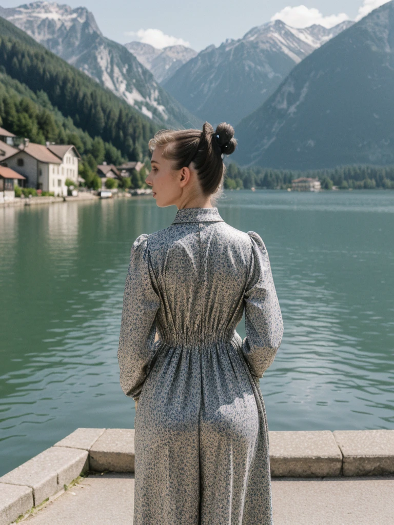 her name is Amelie, high quality, 1girl, ((25-year-old fit Caucasian woman)), ((25 years old)), ((BODY TYPE: HOURGLASS)), ((Space Buns HAIR)), pose: STANDING, wearing IN DEMAND FANCY Generation-Z modern wear VARIETY colored, BACKGROUND: "Strolling through the idyllic lakeside village with its picturesque alpine backdrop and charming historic houses."