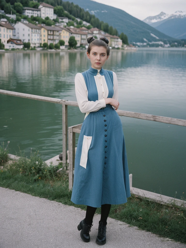 her name is Amelie, high quality, 1girl, ((25-year-old fit Caucasian woman)), ((25 years old)), ((BODY TYPE: HOURGLASS)), ((Space Buns HAIR)), pose: STANDING, wearing IN DEMAND FANCY Generation-Z modern wear VARIETY colored, BACKGROUND: "Strolling through the idyllic lakeside village with its picturesque alpine backdrop and charming historic houses."