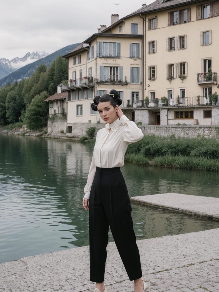 her name is Amelie, high quality, 1girl, ((25-year-old fit Caucasian woman)), ((25 years old)), ((BODY TYPE: HOURGLASS)), ((Space Buns HAIR)), pose: STANDING, wearing IN DEMAND FANCY Generation-Z modern wear VARIETY colored, BACKGROUND: "Strolling through the idyllic lakeside village with its picturesque alpine backdrop and charming historic houses."