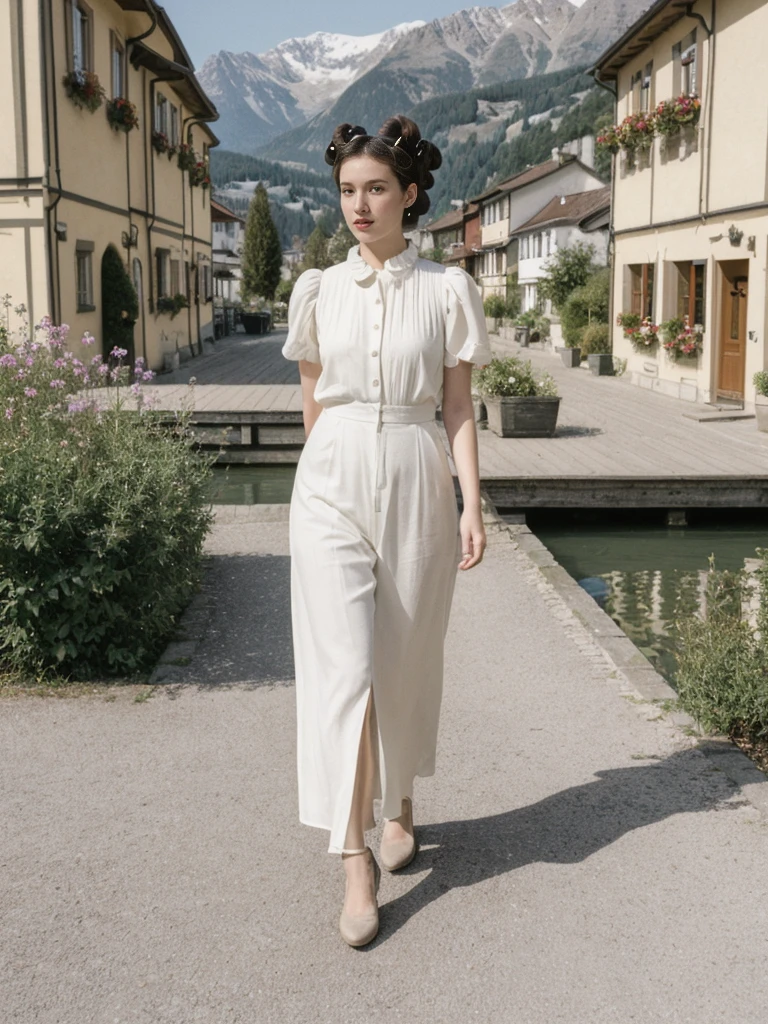 her name is Amelie, high quality, 1girl, ((25-year-old fit Caucasian woman)), ((25 years old)), ((BODY TYPE: HOURGLASS)), ((Space Buns HAIR)), pose: STANDING, wearing IN DEMAND FANCY Generation-Z modern wear VARIETY colored, BACKGROUND: "Strolling through the idyllic lakeside village with its picturesque alpine backdrop and charming historic houses."