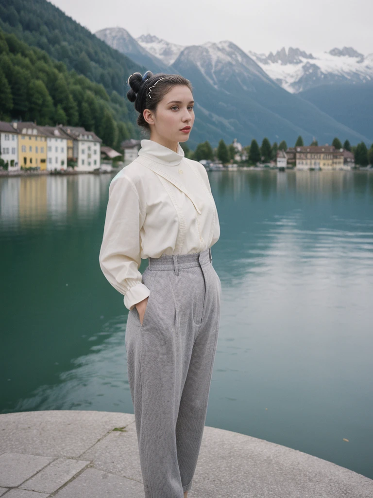 her name is Amelie, high quality, 1girl, ((25-year-old fit Caucasian woman)), ((25 years old)), ((BODY TYPE: HOURGLASS)), ((Space Buns HAIR)), pose: STANDING, wearing IN DEMAND FANCY Generation-Z modern wear VARIETY colored, BACKGROUND: "Strolling through the idyllic lakeside village with its picturesque alpine backdrop and charming historic houses."